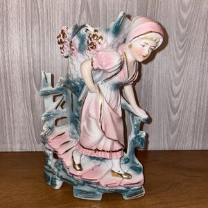 Antique Victorian Figural Spill Vase Girl With Basket Hand Painted Gold Trim DEP